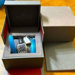 Michele Urban Mini watch with Black band and Blue replacement band.